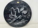 Round Slate Etching of 2 Galloping Horses