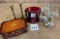 LOT OF JEWELRY, BOX, OIL LAMPS AND BRASS