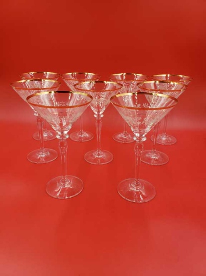 Set of 9 Mikasa "Antique Lace" Gold Rim Martini Glasses