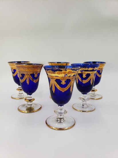 Set of 6 Cobalt and Gold Imperial Made in Italy Wine Glasses