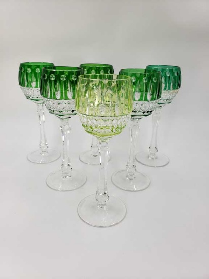 Set of 6 Kelly Green and Lime Green Signed Faberge Xenia Crystal Wine Glasses