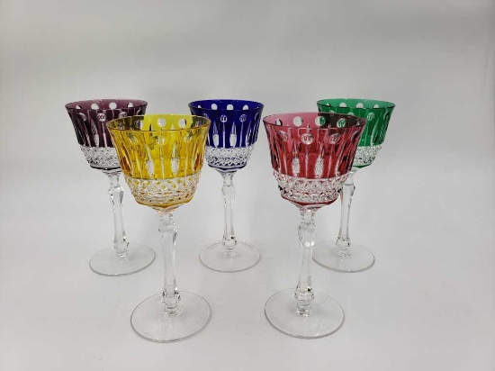 Set of 5 Multi Color signed Faberge Crystal Wine Glasses