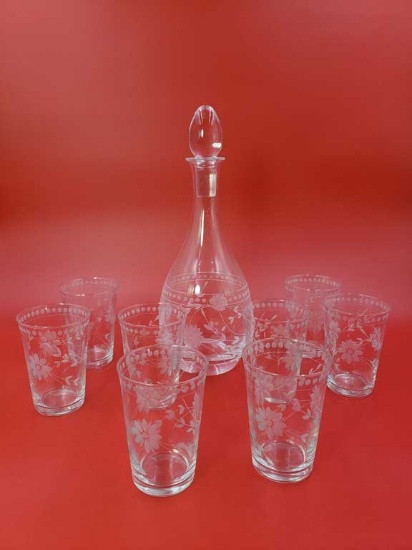 Set of 8 Vintage William Sonoma Etched Double Highball Glasses and Decanter