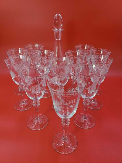 Set of 12 Vintage William Sonoma Etched Wine Glasses with Decanter