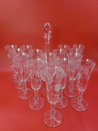 Set of 15 Vintage William Sonoma Etched Champagne Flutes with Decanter