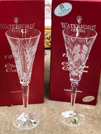 2 - Waterford Crystal 12 Days of Christmas Edition Champagne Flutes with Box, Partridge in a Pear Tr