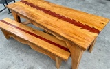 3pc Custom Cedar Inlaid Table and Benches