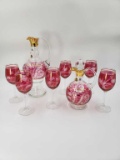 Set of 6 Bohemian Engraved Crystal Wine Glasses, 3 Small Stems, Pitcher and Decanter with Etched Dee