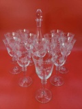 Set of 12 Vintage William Sonoma Etched Wine Glasses with Decanter