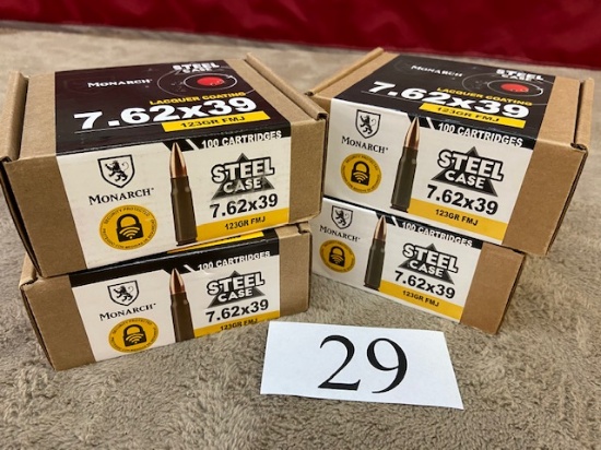(4) BOXES MONARCH 7.62x39 AMMO   400 ROUNDS TOTAL