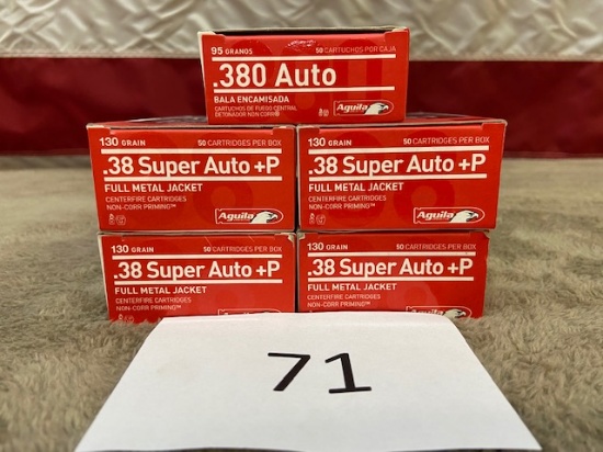 (5) BOXES .38 SUPER AUTO +P AMMO    250 ROUNDS TOTAL