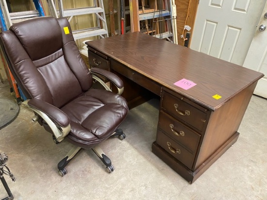 3PC WOOD OFFICE DESK, CREDENZA AND LEATHER OFFICE CHAIR