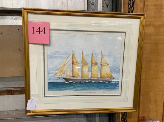 SIGNED PRINT "AMERICAN SCHOONER CONSTELLATION WRECKED ON BERMUDA REEFS, JULY 1943"