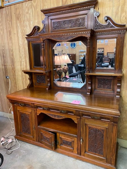 2PC ANTIQUE WALNUT SIDEBOARD WITH BEVELED MIRRORS