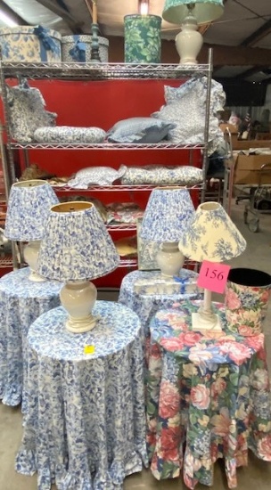 LOT OF LAURA ASHLEY LAMPS, MATCHING TABLE CLOTHS, TABLES & PILLOWS