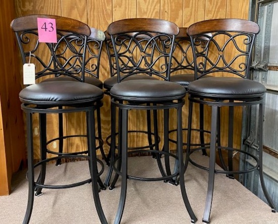 SET OF 6 WROUGHT IRON AND WOOD BARSTOOLS