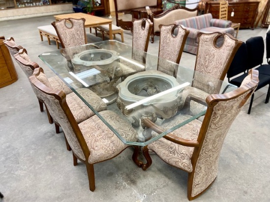 LARGE GLASS TOP DINING TABLE WITH DOUBLE PEDESTALS AND 8 DINING CHAIRS