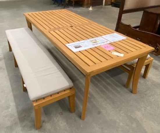 CRATE AND BARREL TEAKWOOD PATIO TABLE WITH 2 SUNBRELLA CUSHION BENCHES