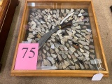 SHADOW BOX OF ANTIQUE DAGGER AND ARROWHEAD POINTS