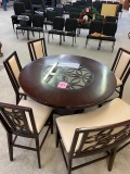 NAJARIAN PUB STYLE WROUGHT IRON AND GLASS TOP TABLE WITH 4 BARSTOOLS AND BENCH