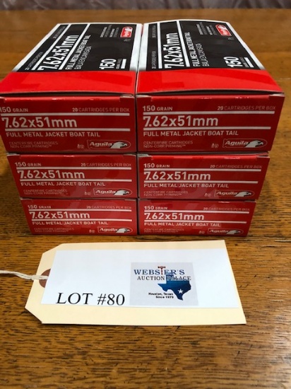 (6 ) BOXES AGUILA 7.62X51 150GN FMJ BOATTAIL 120 RNDS TOTAL