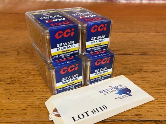 (4) BOXES CCI 22WMR MAXI-MAG 40GR JACKETED HOLLOW POINT *200 ROUNDS