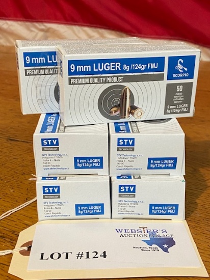 (6) BOXES SCORPIO STV 9MM LUGER 124GR FMJ *300 ROUNDS