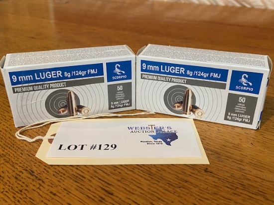 (2) BOXES SCORPIO 9MM LUGER 124GR FMJ *100 ROUNDS