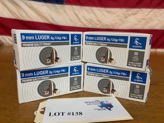 (4) BOXES SCORPIO STV 9MM LUGER 124GR FMJ *200 ROUNDS