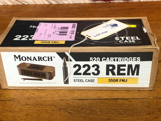 (1) BOX MONARCH 223 REM 55GR FMJ STEEL CASE *520 ROUNDS