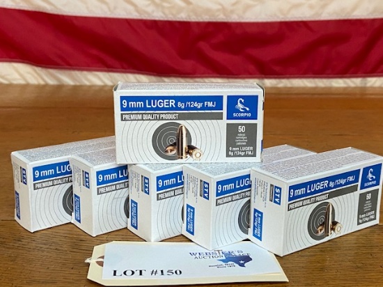 (6) BOXES SCORPIO STV 9MM LUGER 124GR FMJ *300 ROUNDS