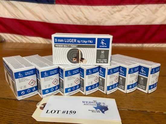 (8) BOXES SCORPIO 9MM LUGER 124GR FMJ *400 ROUNDS