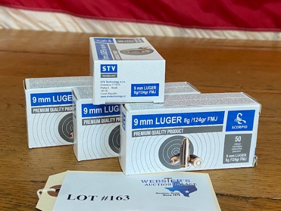 (4) BOXES SCORPIO STV 9MM LUGER 124GR FMJ *200 ROUNDS