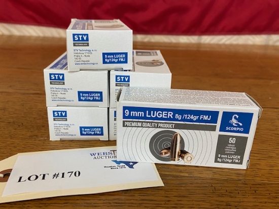 (6) BOXES SCORPIO STV 9MM LUGER 124GR FMJ *300 ROUNDS