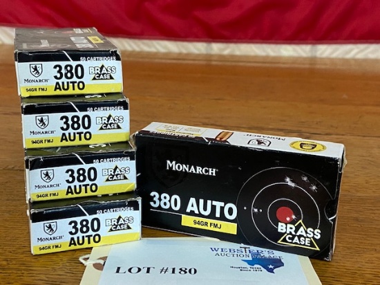 (5) BOXES MONARCH 380 AUTO 94GR FMJ *250 ROUNDS