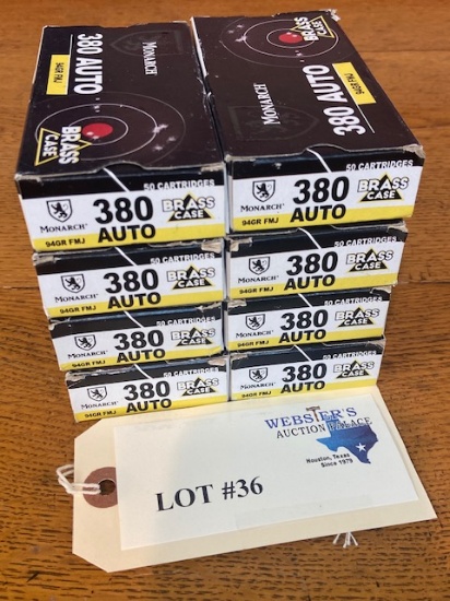 (8) BOXES MONARCH 380 AUTO 94GR FMJ BRASS CASE *400 ROUNDS