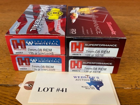 (4) BOXES HORNADY WHITETAIL AND SUPERFORMANCE 7MM-O8 REM 139GR SST *80 ROUNDS