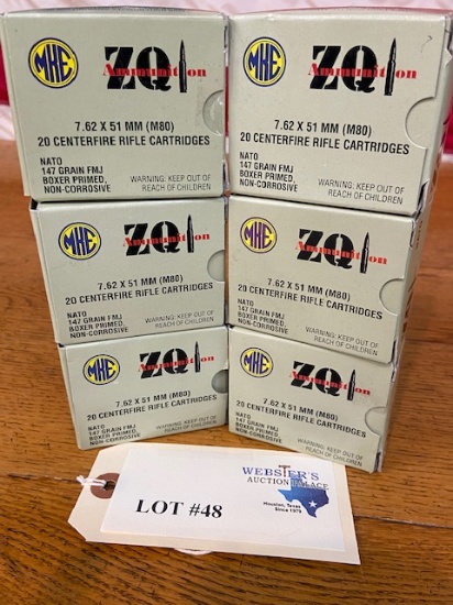 (6) BOXES ZQ AMMUNITION 7.62 X 51MM M80 147GR FMJ *120 ROUNDS