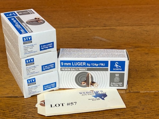 (4) BOXES SCORPIO STV 9MM LUGER 124GR FMJ *200 ROUNDS