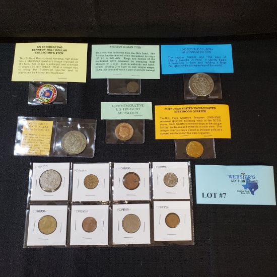 LOT OF FOREIGN COINS, STATEHOOD QUARTER, ANCIENT COIN, LIBERIA COIN, MEXICAN DOLLAR