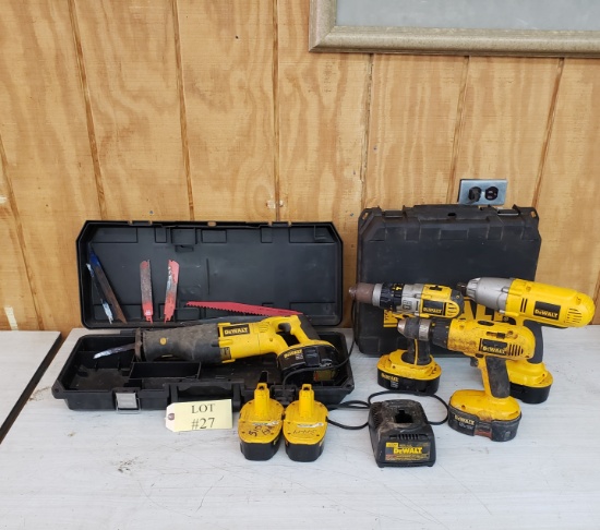 LOT OF DEWALT TOOLS - 18V SAWZALL, IMPACT, DRILLS, BATTERIES AND CHARGER