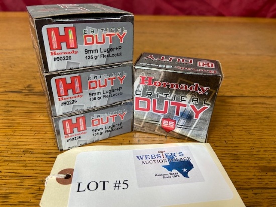 (4) BOXES HORNADY 9MM LUGER + P - 100 TOTAL ROUNDS