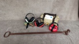 LOT OF SHOOTING EARMUFFS, POCKET KNIFE AND BRANDING IRON AND CARRY BAG