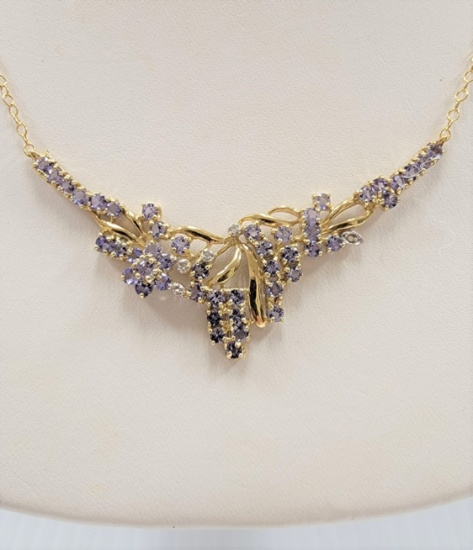 18KT GOLD PLATED OVER STERLING SILVER TANZANITE AND DIAMOND NECKLACE