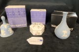 3PC WEDGWOOD BELL, VASE AND COVERED BOX