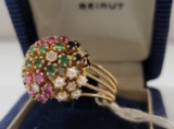 14KT GOLD DIAMOND, SAPPHIRE, RUBY, EMERALD AND PEARL RING