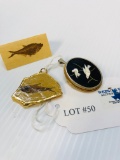 2 - GOLD TRIM PENDANTS - ONYX WITH INLAY IN 800 SILVER AND 60 MILLION YR OLD STONE FISH PENDANT