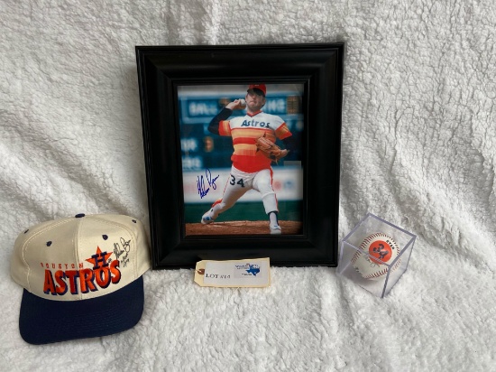 NOLAN RYAN SIGNED HAT, BALL & FRAMED PHOTO