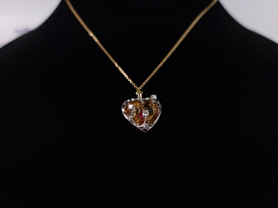 18KT YELLOW GOLD 0.20CTS RUBY AND 0.15CTW DIAMOND PENDANT WITH CHAIN