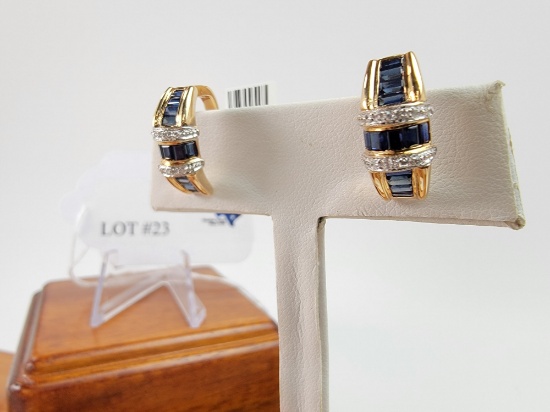 14KT YELLOW GOLD 0.90CTW SAPPHIRE AND 0.12CTW DIAMOND EARRINGS